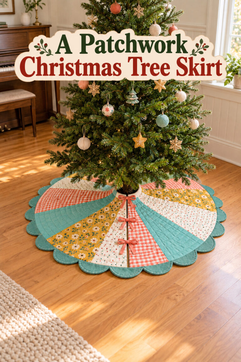 Patchwork skirt beneath a Christmas tree with text A Patchwork Christmas Tree Skirt