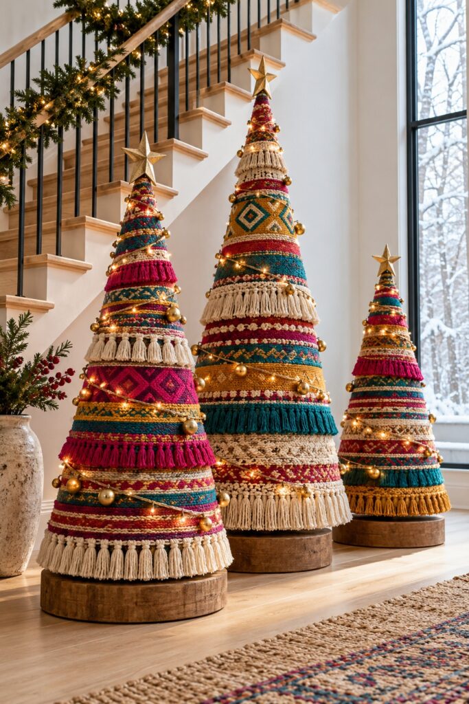 Patchwork fabric Christmas cone trees with fringed tiers gold ornaments and lights stand beneath an open oak staircase
