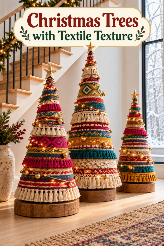 Christmas Trees with Textile Texture text above three fringed patchwork cone trees with gold stars beside an oak staircase