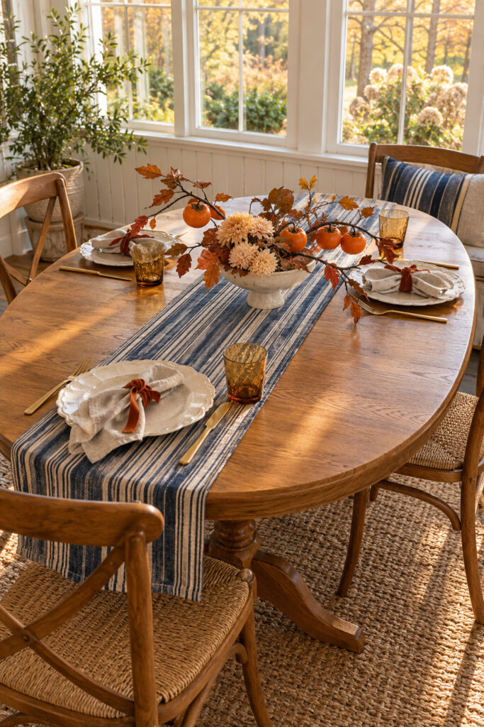 Persimmon branches and peach flowers in a cream compote on an oval table with indigo ticking cream plates and amber glasses