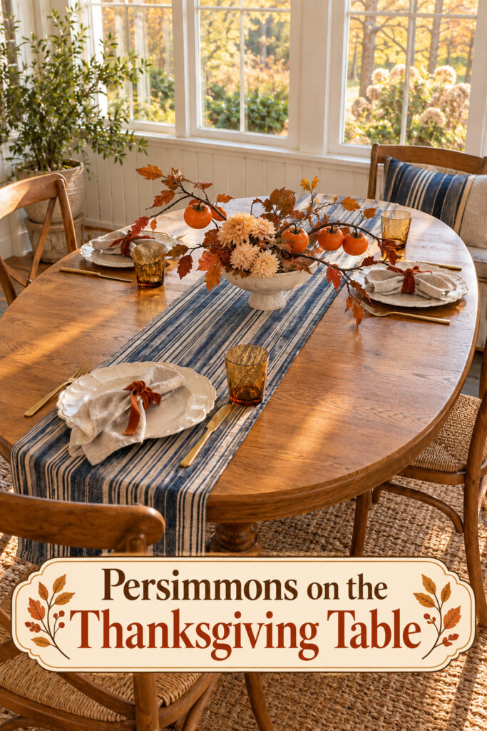Branching fruit centerpiece and striped runner with the headline Persimmons on the Thanksgiving Table