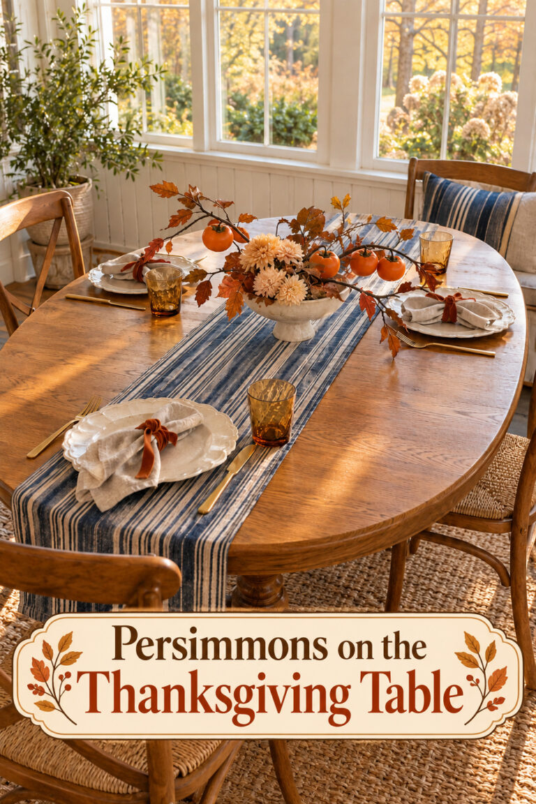 Branching fruit centerpiece and striped runner with the headline Persimmons on the Thanksgiving Table
