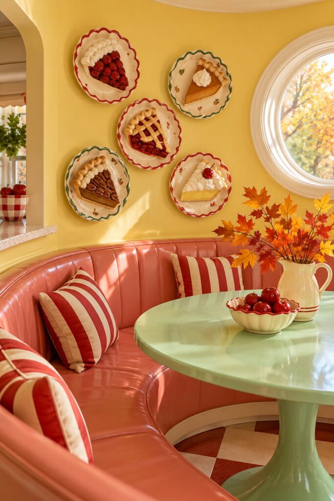 Decorative pie plates hang above a curved pink Thanksgiving banquette with candy striped cushions and a mint table