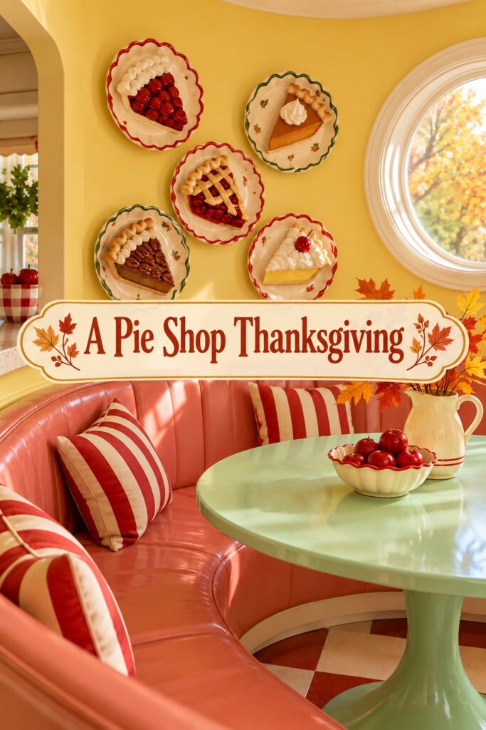 Scalloped pie decorations above a pink bench with striped cushions and the words A Pie Shop Thanksgiving
