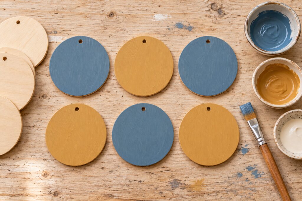 Round predrilled wood disks beside dusty blue and ochre paint during Christmas garland preparation
