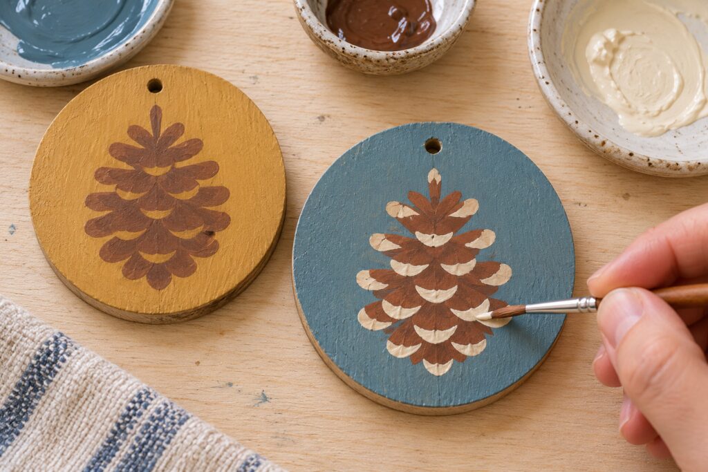 Brush adding cream pinecone scale tips to a blue wooden disk beside an ochre disk with a brown painted motif