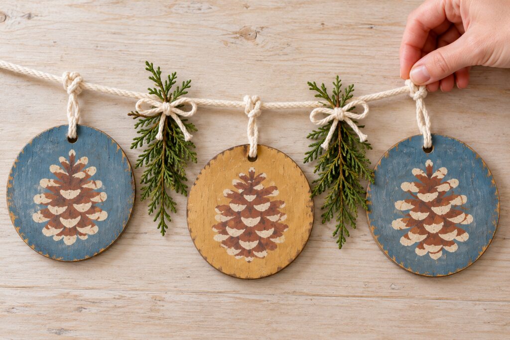 Painted pinecone disks hanging from separate cotton loops with faux cedar tied between them on a thicker support cord