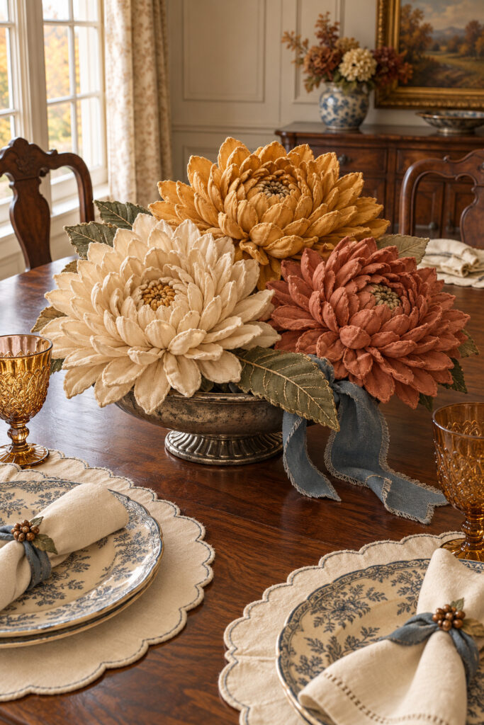 Ivory ochre and terracotta linen chrysanthemums in a low metal bowl on a Thanksgiving table with blue patterned plates