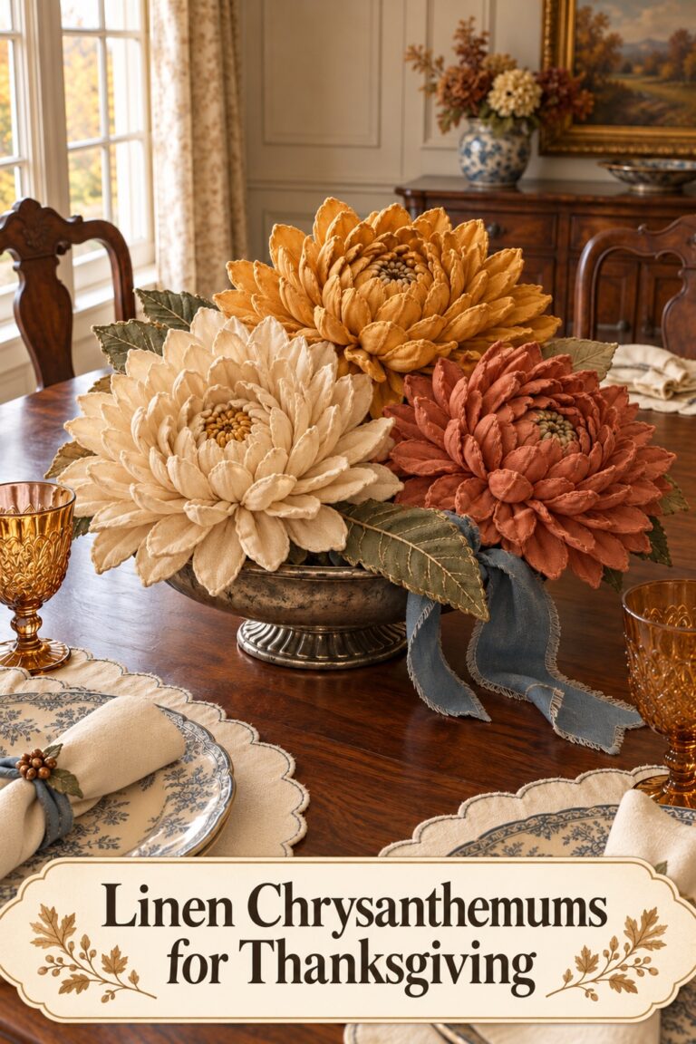 Ivory ochre and terracotta linen chrysanthemums in a low metal bowl on a Thanksgiving table with blue patterned plates with text Linen Chrysanthemums for Thanksgiving