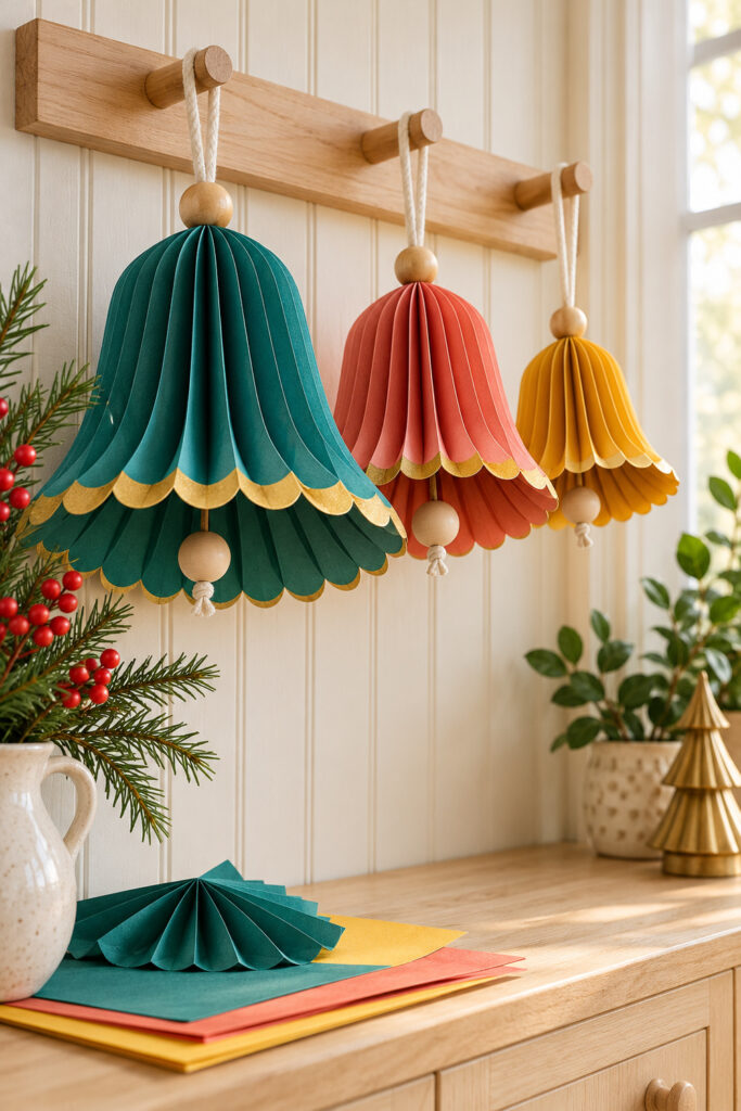 Teal coral and mustard pleated paper Christmas bells with scalloped gold rims and wooden clappers hanging on a peg rail