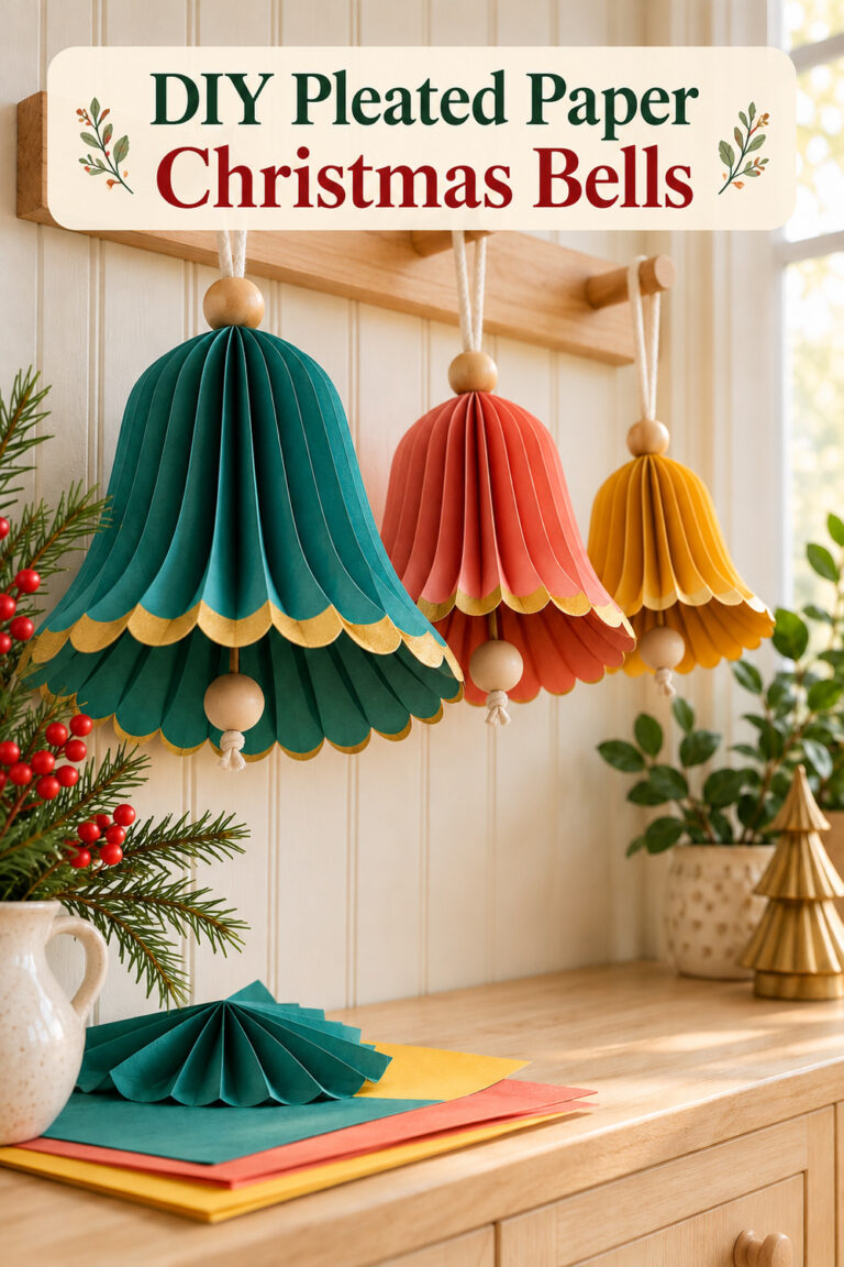 Pleated teal coral and mustard bells on wooden pegs with text DIY Pleated Paper Christmas Bells
