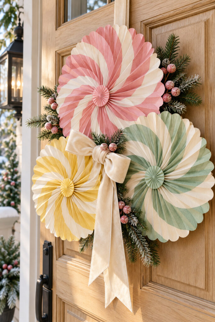 Pink mint and yellow pleated paper rosettes overlap on a wood door with a cream bow evergreen sprigs and pink berries