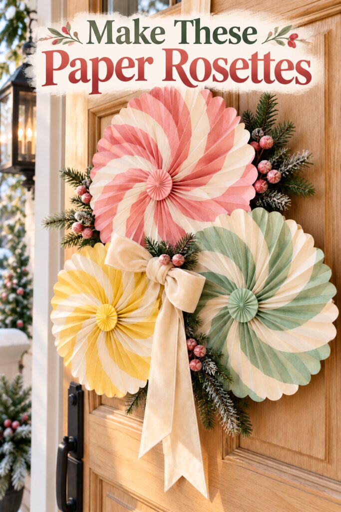 Pastel pleated paper Christmas door decoration with a cream bow beneath the words Make These Paper Rosettes
