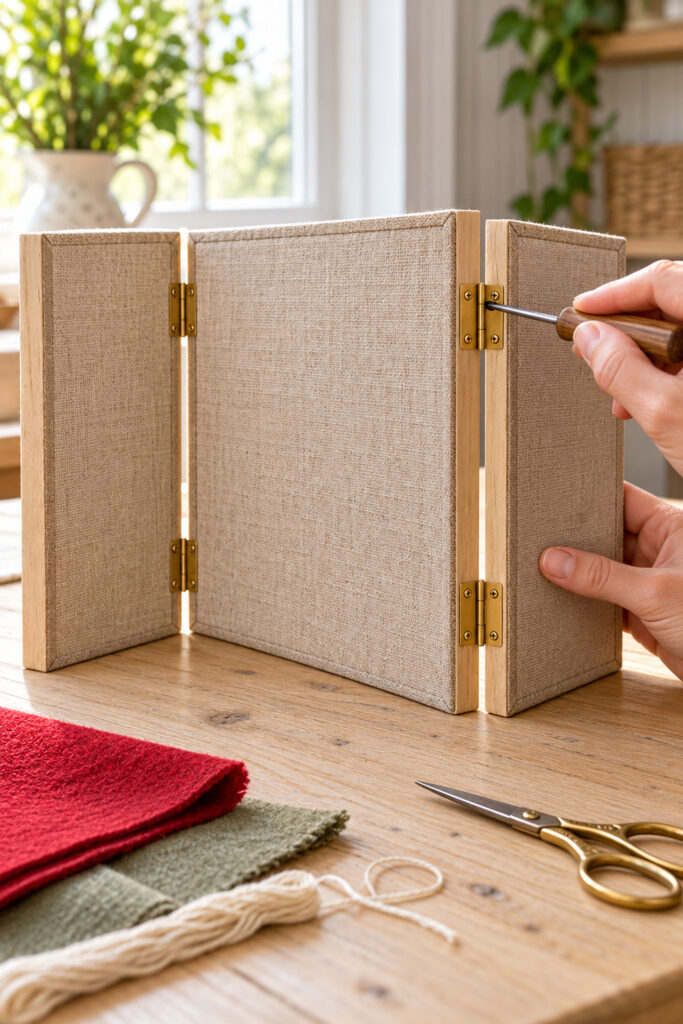 Three plain linen covered wood panels joined by four brass hinges with a screwdriver at the upper right hinge