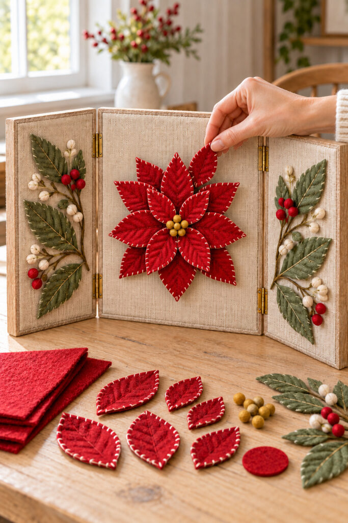Hand positioning a stitched red felt petal on a layered poinsettia in the center of a linen triptych