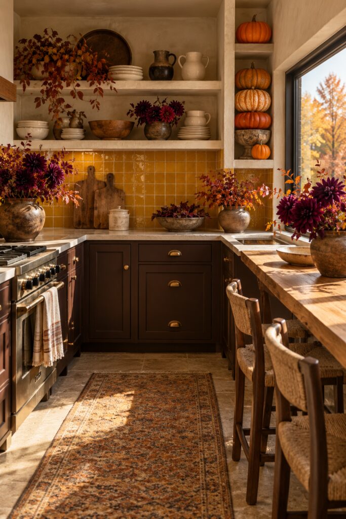 Fall kitchen with mustard tile dark cabinets cream pottery plum flowers and a vertical pumpkin display beside the window