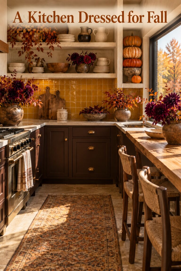 A Kitchen Dressed for Fall headline above mustard tile plum flowers cream dishes and pumpkins in a narrow niche
