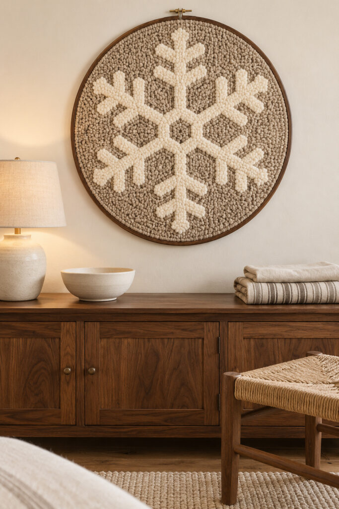 Ivory wool loop snowflake on an oatmeal background in a round brown hoop above a wood cabinet