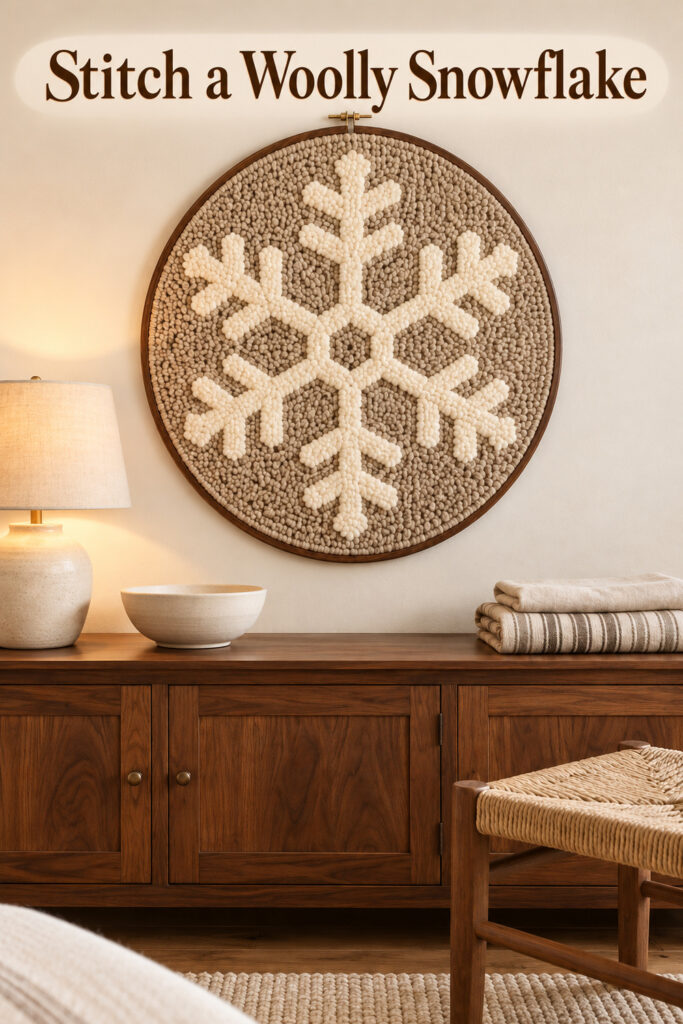 Stitch a Woolly Snowflake headline over ivory and oatmeal punch needle wall art in a brown hoop