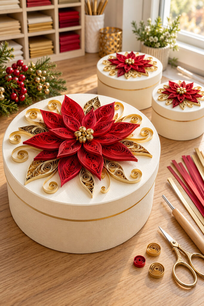 Ivory round keepsake boxes display layered red quilled poinsettias with gold coils and scrolls beside paper craft tools