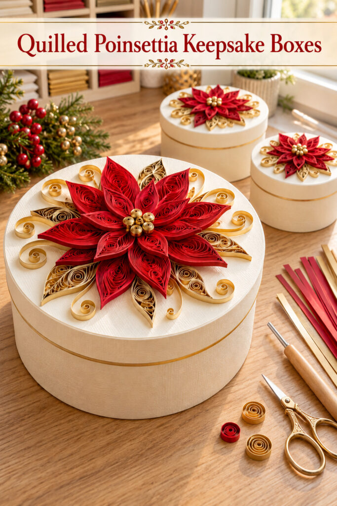 Quilled Poinsettia Keepsake Boxes headline above ivory boxes decorated with red paper flowers and gold curls