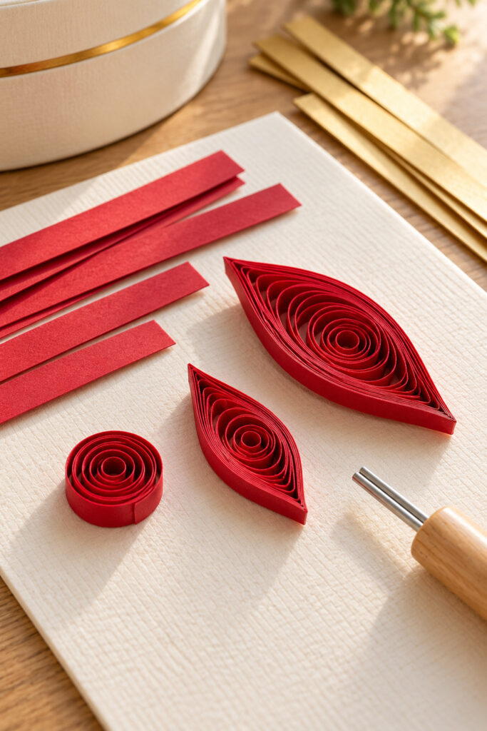 Loose red paper coil and two pointed marquise petals sit beside red strips and a slotted quilling tool
