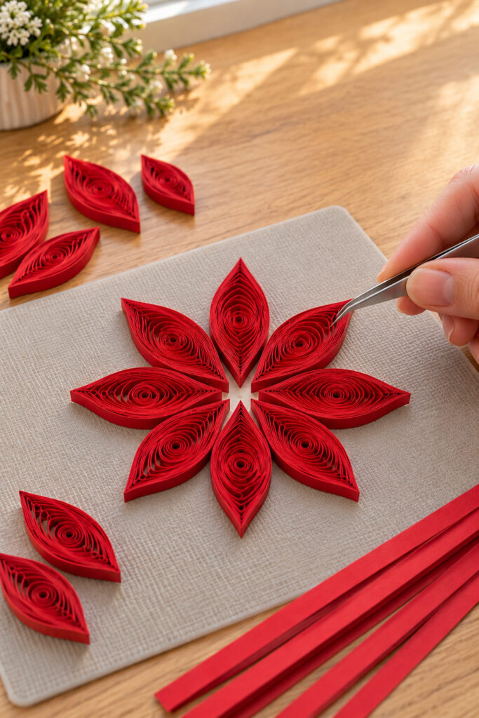 Eight pointed red quilled petals form the lower flower ring on a small cardstock backing