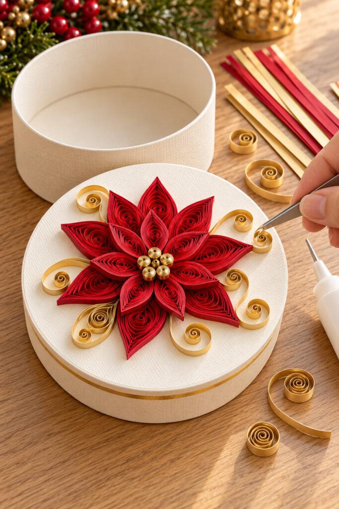 Tweezers position a gold paper scroll beside a layered red quilled poinsettia on a separate ivory box lid