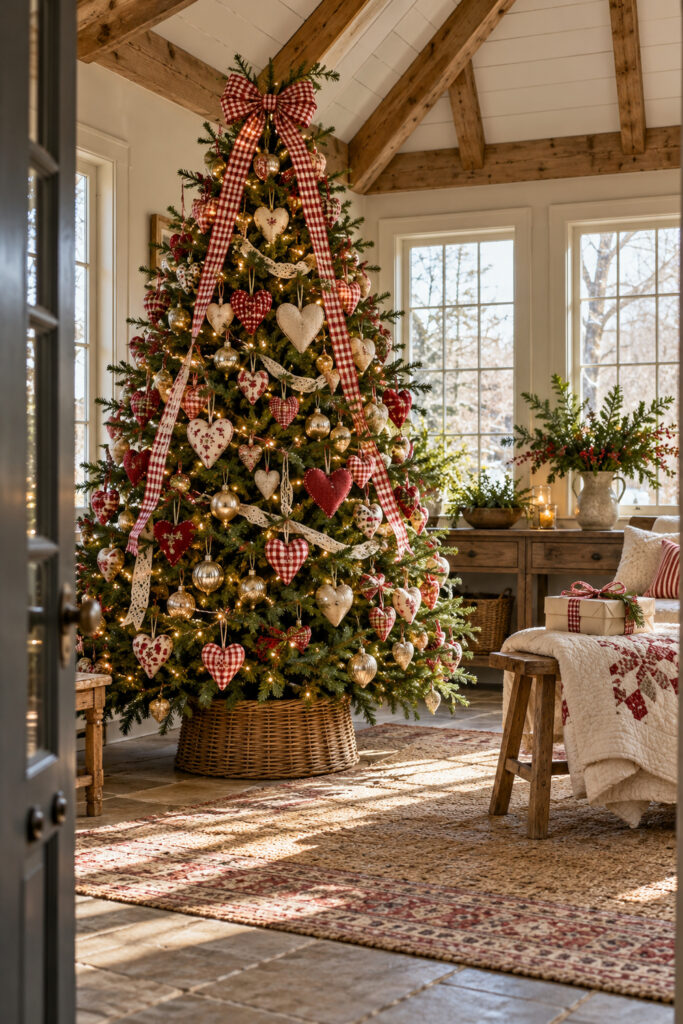Christmas tree with red and ivory fabric hearts gingham ribbon gold ornaments and a woven base in a beamed room