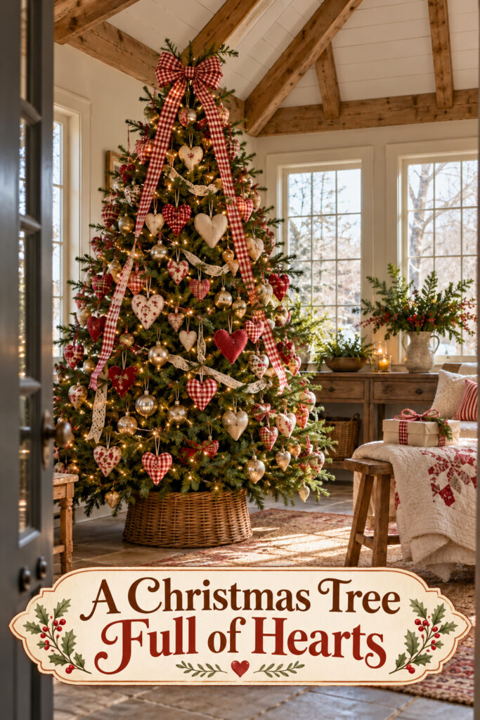 Farmhouse tree with stitched hearts and gingham beneath the headline A Christmas Tree Full of Hearts