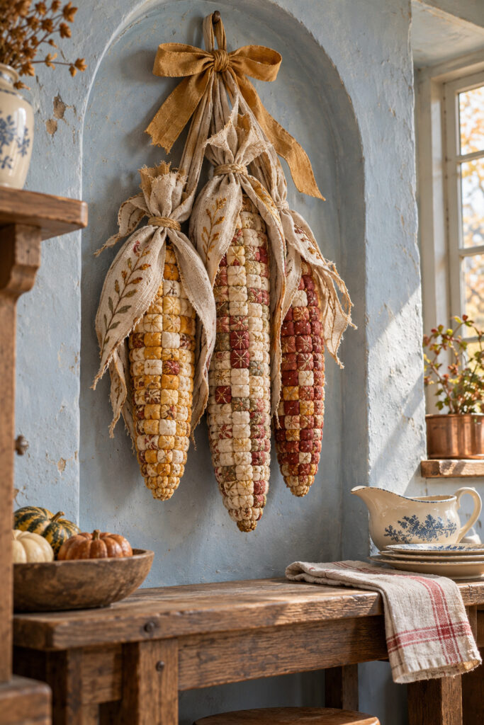 Three quilted fabric corn ears with pale linen husks and an ochre bow hanging above a wood kitchen bench