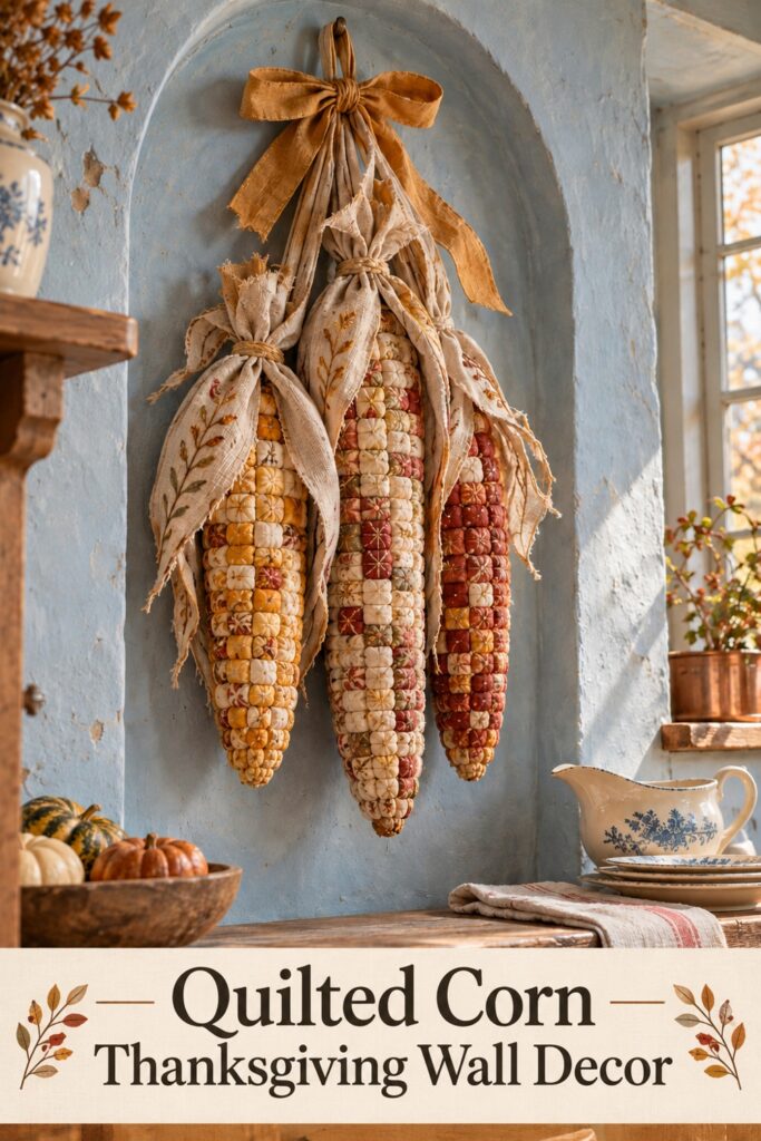 Three quilted fabric corn ears with pale linen husks and an ochre bow hanging above a wood kitchen bench with text Quilted Corn Thanksgiving Wall Decor