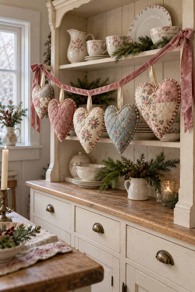 Five padded patchwork hearts in rose cream and blue hanging from velvet ribbon across a cream Christmas kitchen dresser