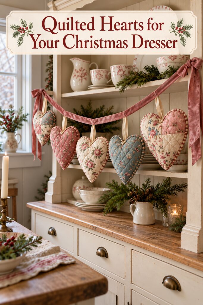 Quilted hearts for your Christmas dresser headline over floral fabric hearts suspended in front of china shelves