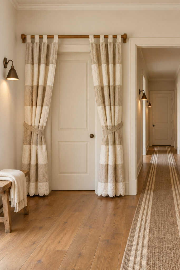 Quilted oatmeal and ivory curtains with scalloped hems frame a cream door beside a striped hallway runner