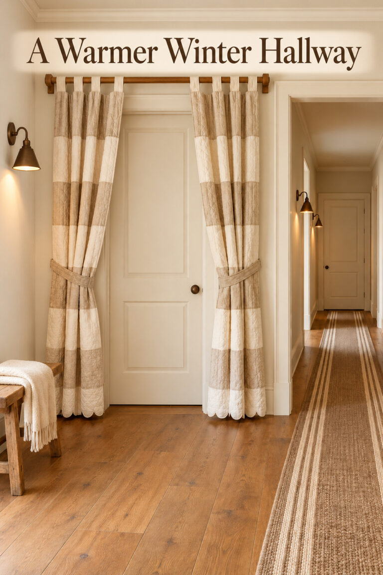 A Warmer Winter Hallway headline above quilted door curtains hanging from a wooden rod