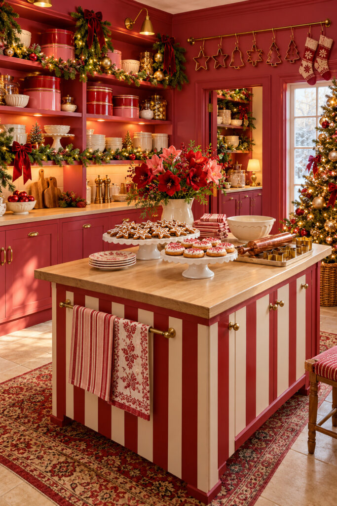 Raspberry Christmas pantry with red and cream striped island white cookie stands evergreen garland and red flowers