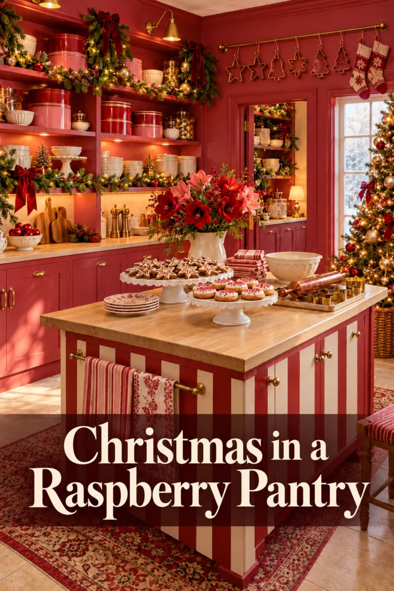 Festive pink pantry and striped baking island with lettering reading Christmas in a Raspberry Pantry
