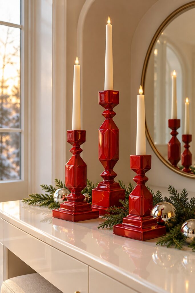 Three glossy red geometric candleholders with ivory tapers cedar and silver baubles on a white dressing table