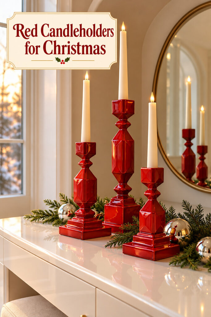 Red candleholders on a dressing table with the words Red Candleholders for Christmas