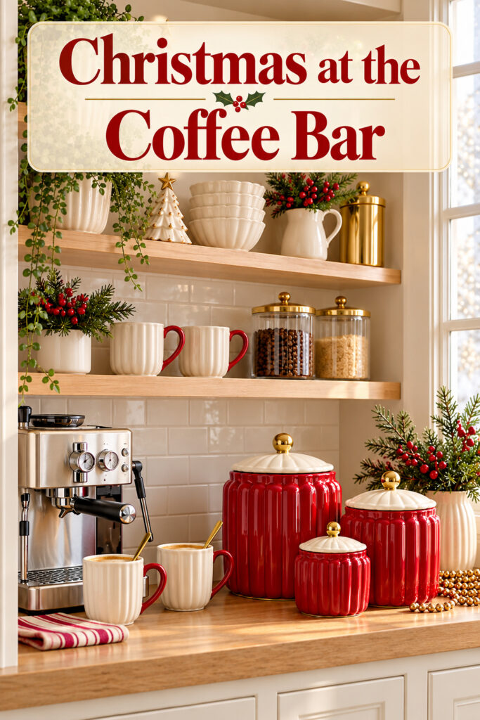 Christmas at the Coffee Bar headline above three red fluted ceramic canisters with ivory lids and gold knobs sit at a Christmas coffee bar beside an espresso machine ivory mugs and oak shelves