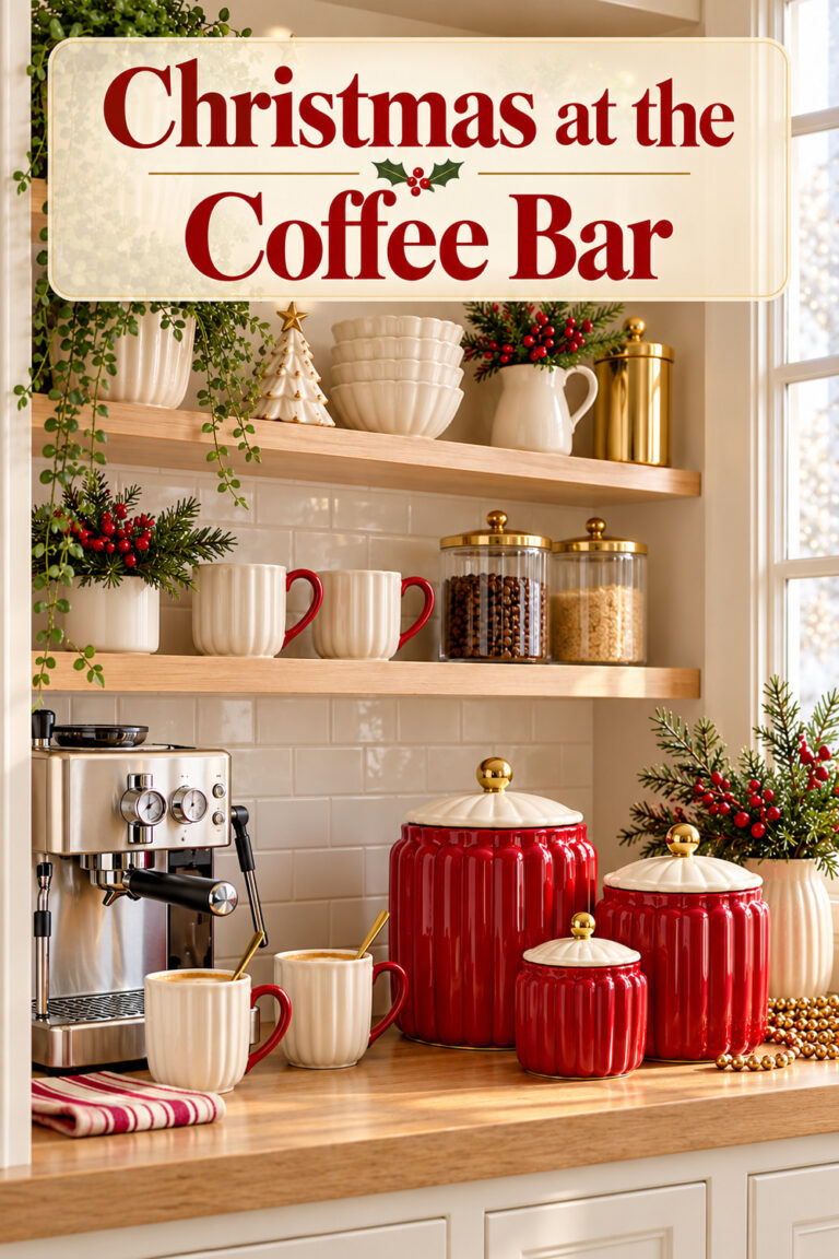 Christmas at the Coffee Bar headline above three red fluted ceramic canisters with ivory lids and gold knobs sit at a Christmas coffee bar beside an espresso machine ivory mugs and oak shelves