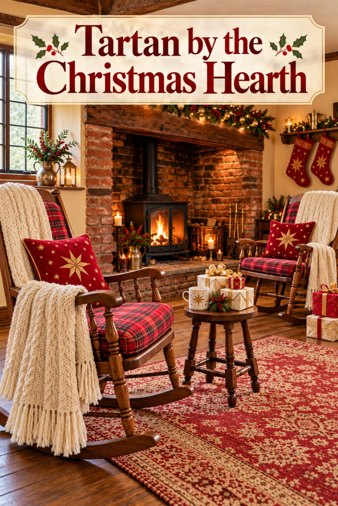 Tartan by the Christmas Hearth headline above two wooden rocking chairs with red tartan cushions ivory knitted throws and gold accented pillows sit near a brick Christmas hearth with a black stove and wrapped gifts