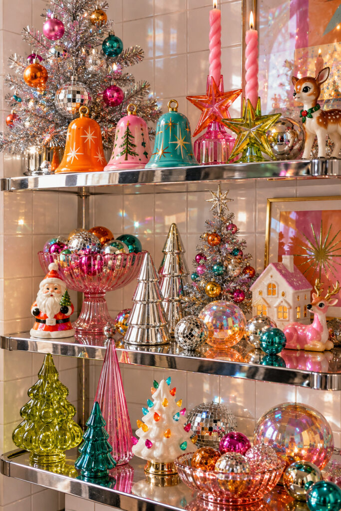 Chrome shelves displaying pink turquoise and orange Christmas bells silver trees mirror balls and small holiday figures