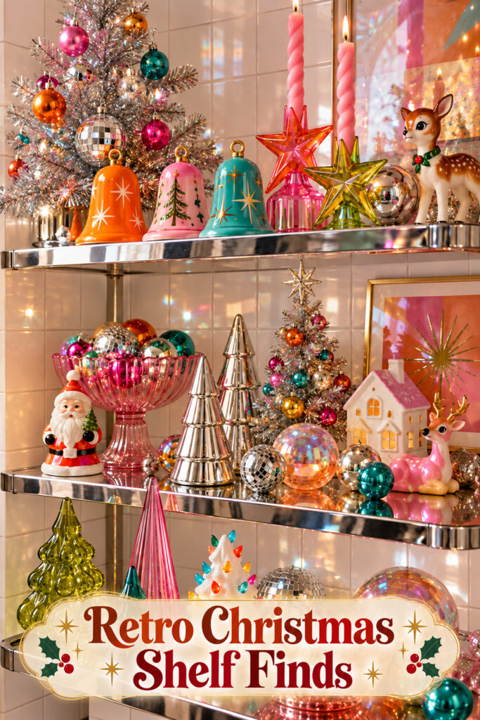 Retro Christmas Shelf Finds text over a colorful collection of bells glass trees and reflective ornaments on chrome shelving