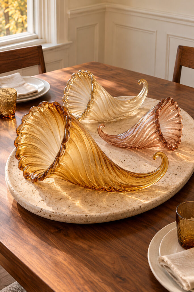 Three ribbed glass cornucopia horns in amber champagne and rose on an oval stone platter on a walnut table