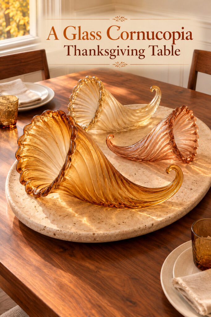 Three ribbed glass cornucopia horns in amber champagne and rose on an oval stone platter on a walnut table with the words A Glass Cornucopia Thanksgiving Table