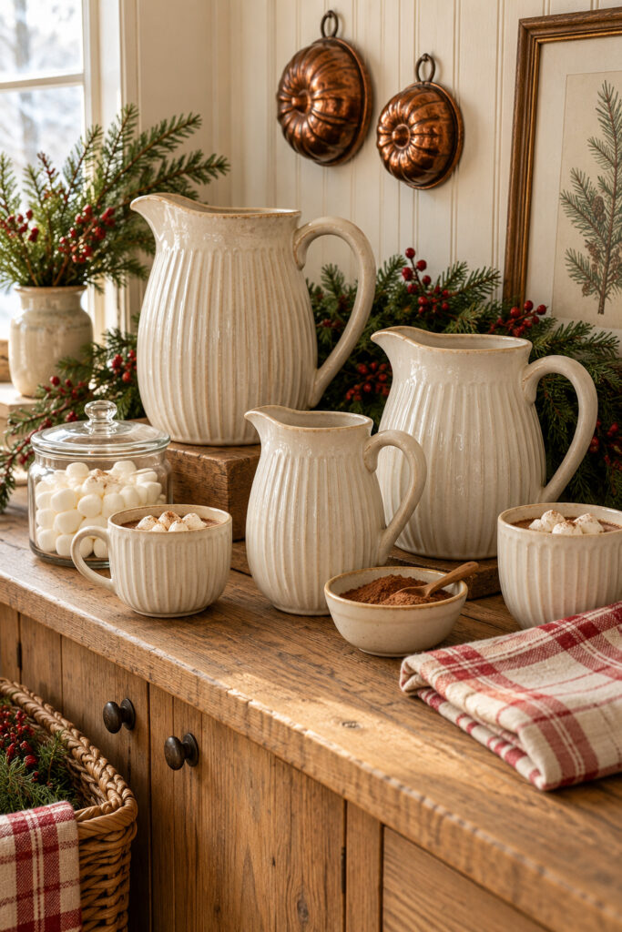 Three ribbed cream pitchers with mugs marshmallows cedar and red berries on a wooden farmhouse cabinet