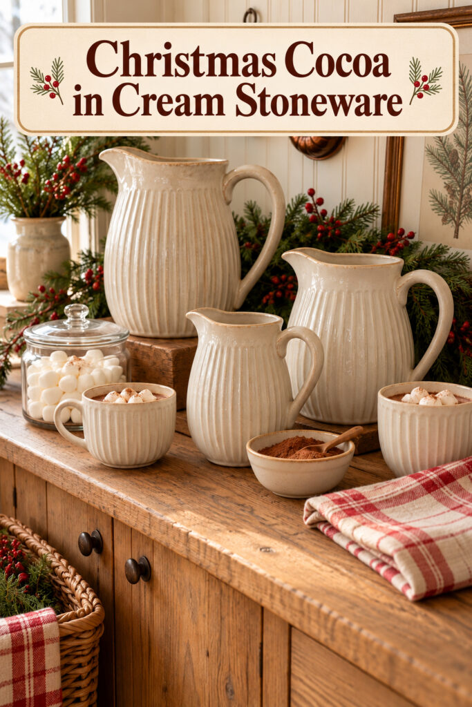 Three ribbed cream pitchers with mugs marshmallows cedar and red berries on a wooden farmhouse cabinet with text reading Christmas Cocoa in Cream Stoneware