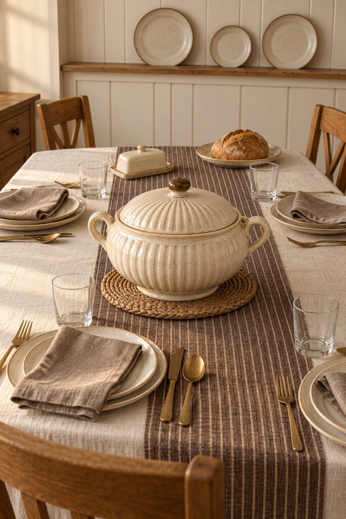 Cream ribbed tureen sits on a woven trivet with brown striped linen cream plates and taupe napkins